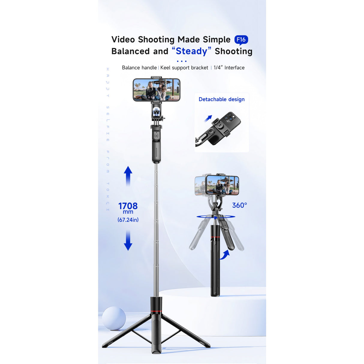 Selfie stick Flippy F16 extensibil, poziție trepied desfășurat, unghi lateral