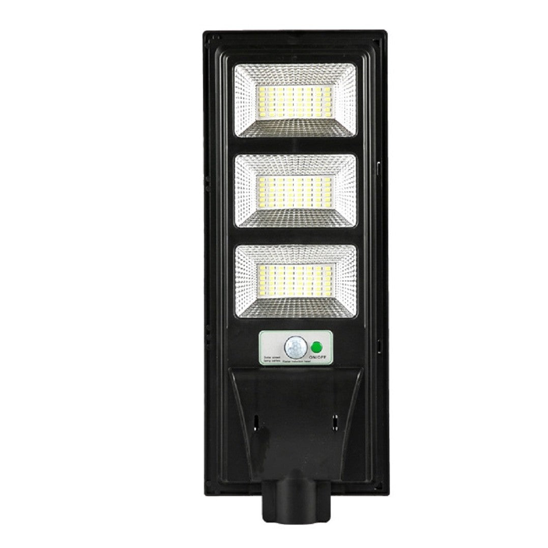 Lampa solara stradala Vivimall, cu telecomanda, senzor de miscare si lumina, suport prindere, 144 LED-uri, IP65, ABS, 8AH, 150W, temperatura culoare 6500K, 49.5x18.8x5 cm, F6006-150w, autonomie 10-12 ore, negru