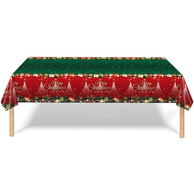 Fata de Masa Festiva, Vivimall, Dreptunghiulara, Imprimeu Merry Christmas, Tema Craciun, Rezistenta la Apa, din PVC, 137 x 274 cm, Rosu/Verde