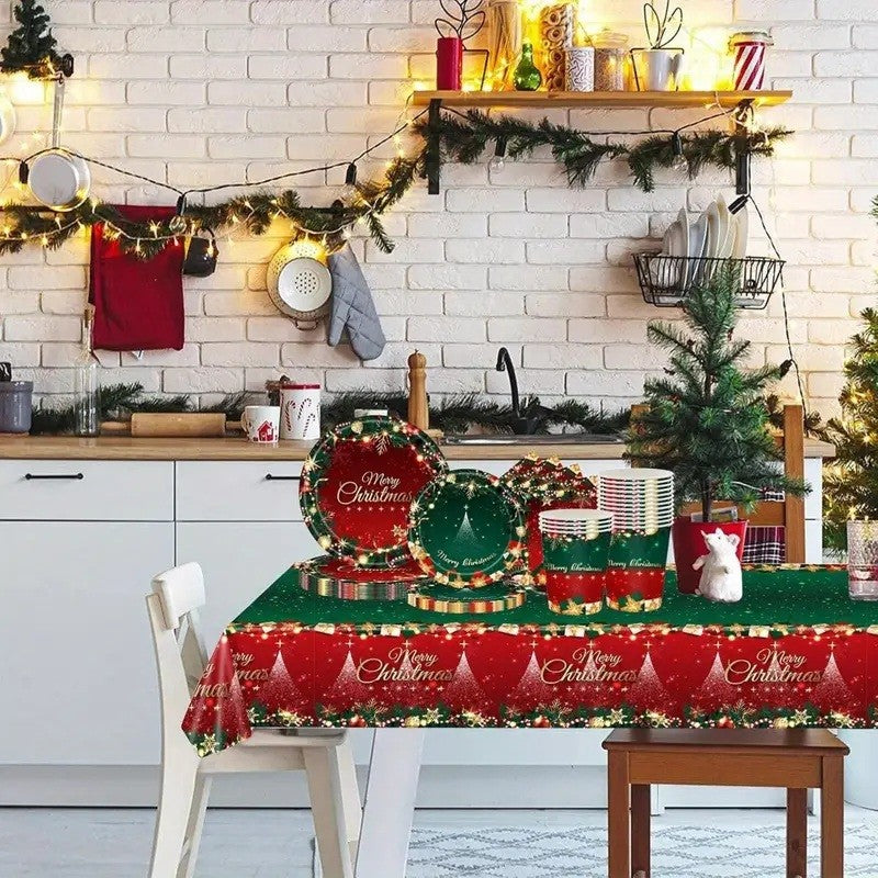 Fata de Masa Festiva, Vivimall, Dreptunghiulara, Imprimeu Merry Christmas, Tema Craciun, Rezistenta la Apa, din PVC, 137 x 274 cm, Rosu/Verde