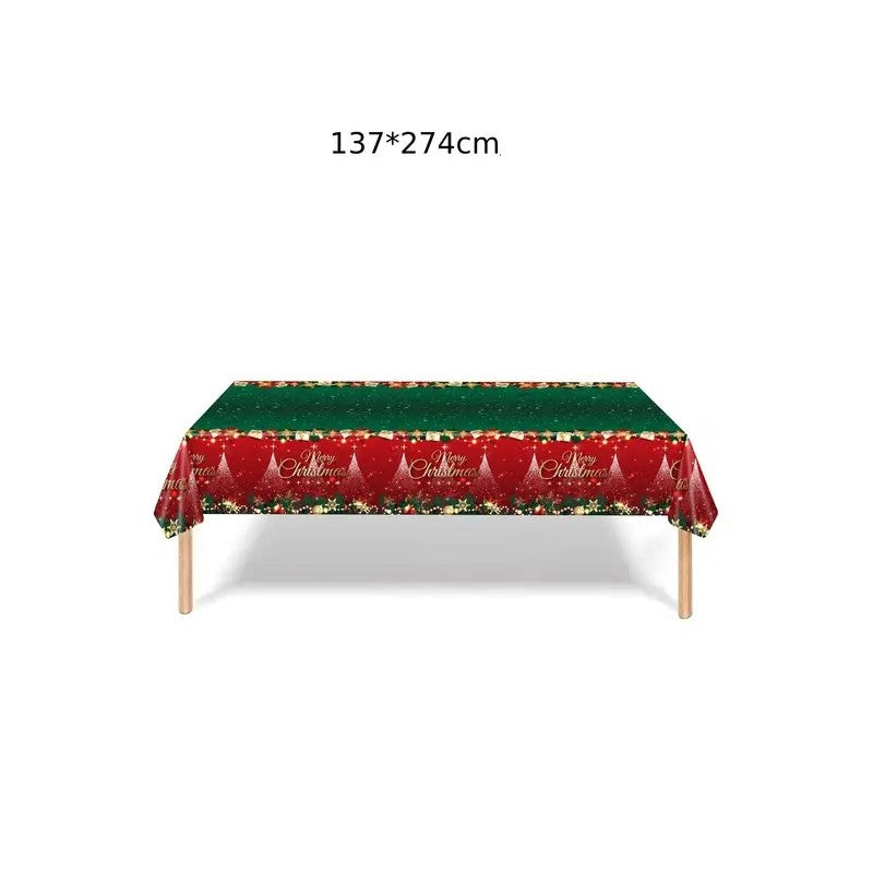 Fata de Masa Festiva, Vivimall, Dreptunghiulara, Imprimeu Merry Christmas, Tema Craciun, Rezistenta la Apa, din PVC, 137 x 274 cm, Rosu/Verde