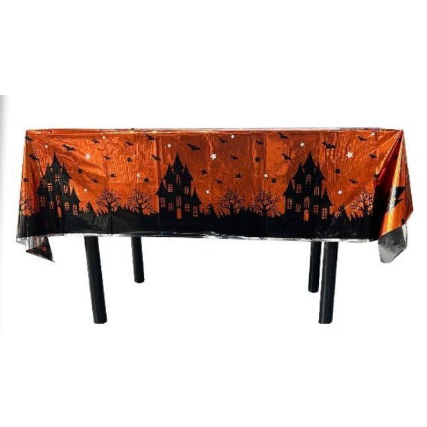 Fata de Masa, Flippy, din Folie, Imprimeu Halloween - Casa Bantuita, 137 x 183 cm, Portocaliu