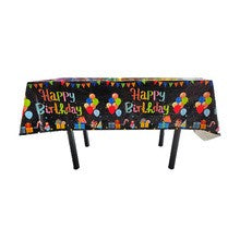 Fata de Masa, Vivimall, din Folie, Imprimeu Happy Birthday cu Baloane, 137 x 183 cm, Negru