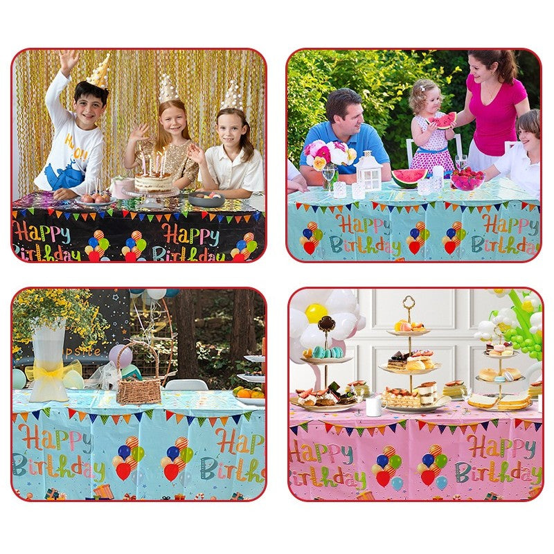 Fata de Masa, Vivimall, din Folie, Imprimeu Happy Birthday cu Baloane, 137 x 183 cm, Negru