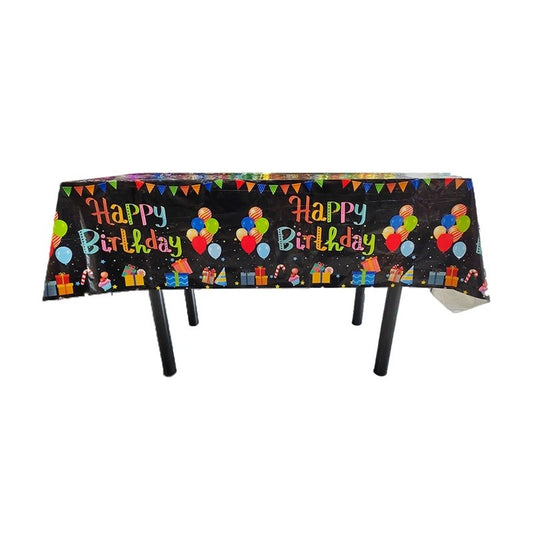 Fata de Masa, Flippy, din Folie, Imprimeu Happy Birthday cu Baloane, 137 x 183 cm, Negru