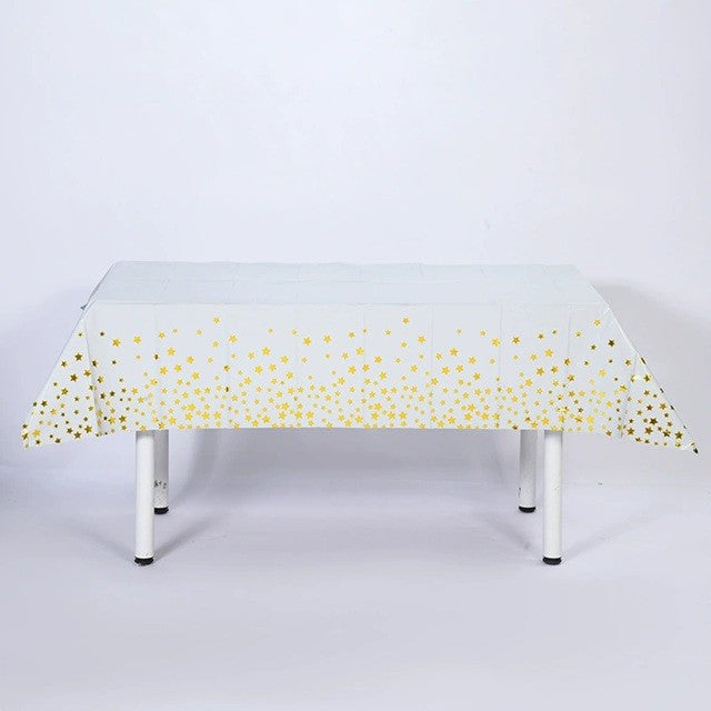 Fata de Masa, Vivimall, din Folie, Imprimeu Stele Aurii, Impermeabila, 137 x 183 cm, Alb