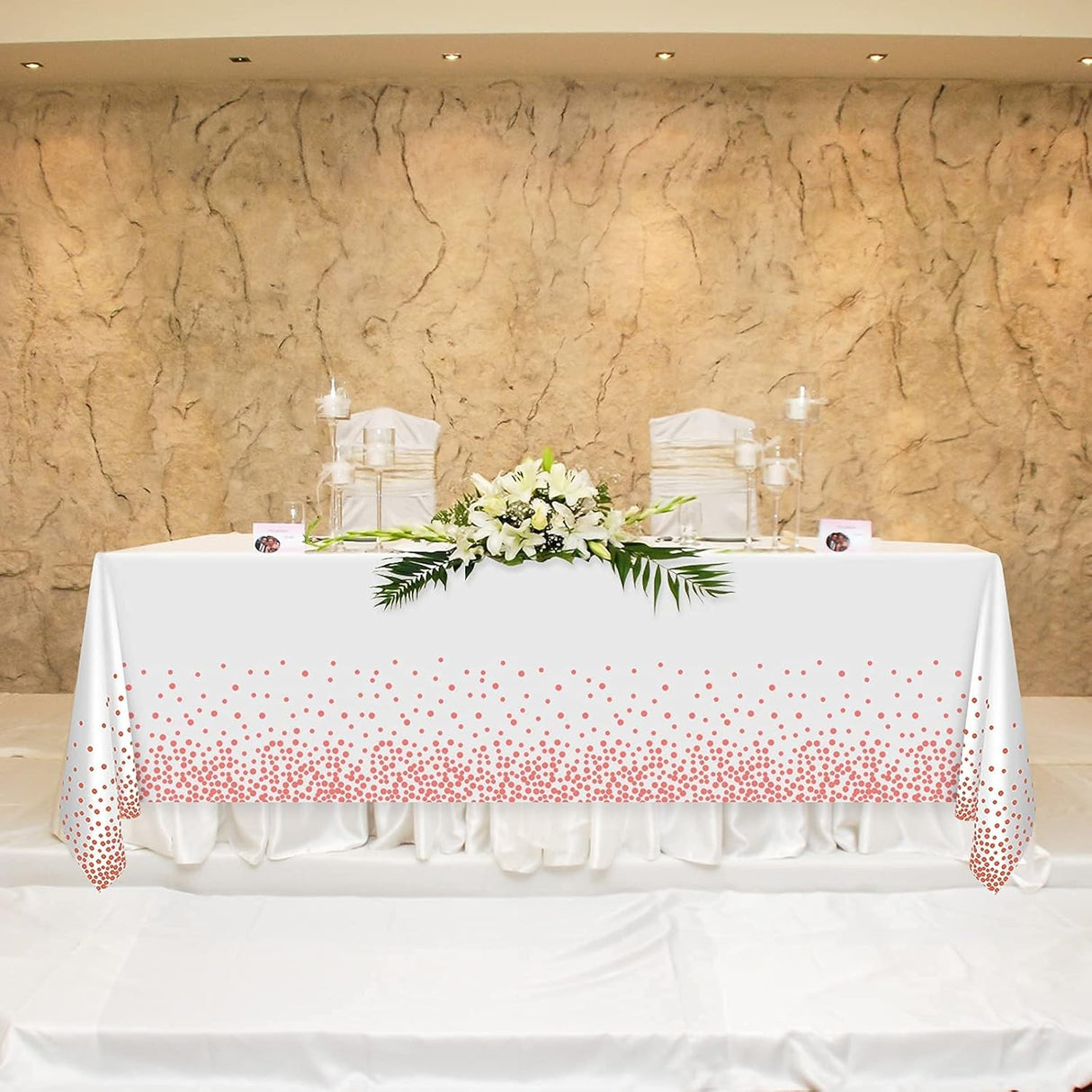 Fata de Masa, Vivimall, din PEVA, Imprimeu Buline, 137 x 274 cm, Impermeabila, Fara Pete, Curatare Rapida, Roz Gold