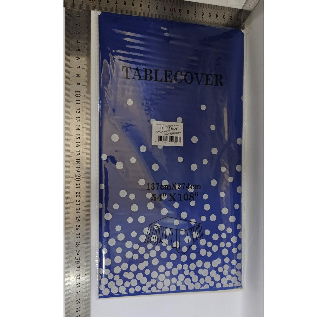 Fata de Masa, Vivimall, din PEVA, Imprimeu Buline Argintii, 137 x 274 cm, Impermeabila, Fara Pete, Curatare Rapida, Albastru Inchis