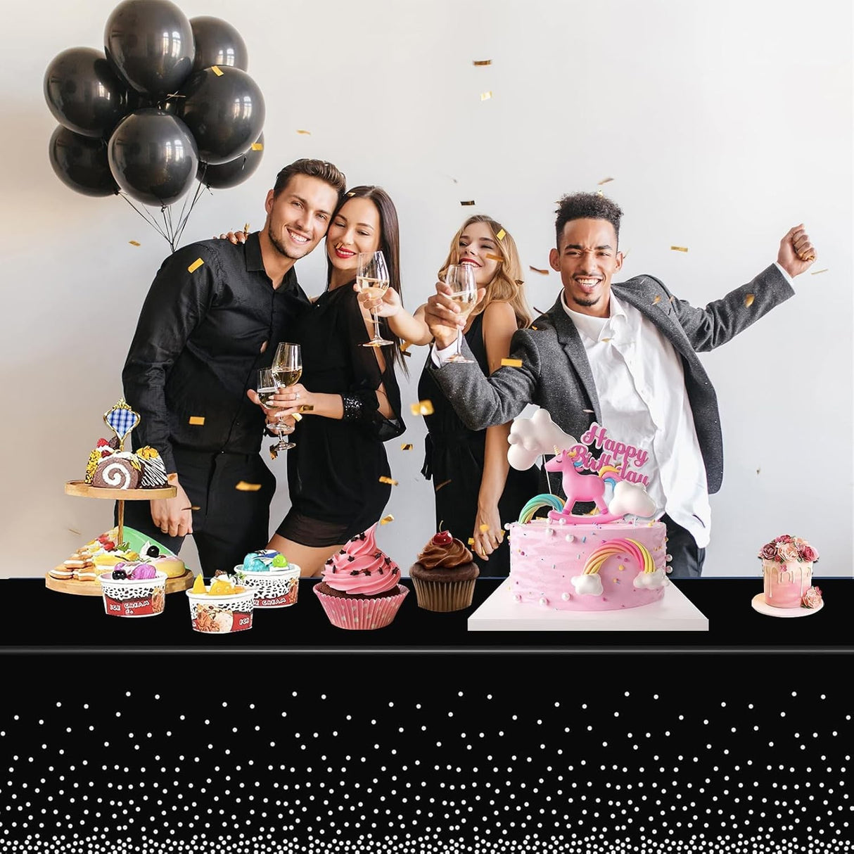 Fata de Masa, Vivimall, din PEVA, Imprimeu Buline Argintii, 137 x 274 cm, Impermeabila, Fara Pete, Curatare Rapida, Negru