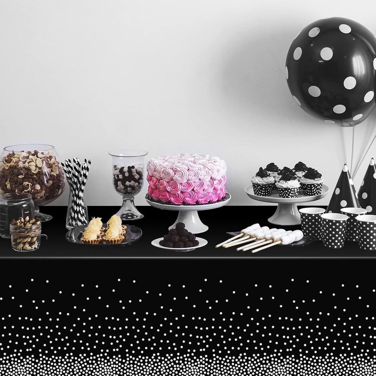 Fata de Masa, Vivimall, din PEVA, Imprimeu Buline Argintii, 137 x 274 cm, Impermeabila, Fara Pete, Curatare Rapida, Negru