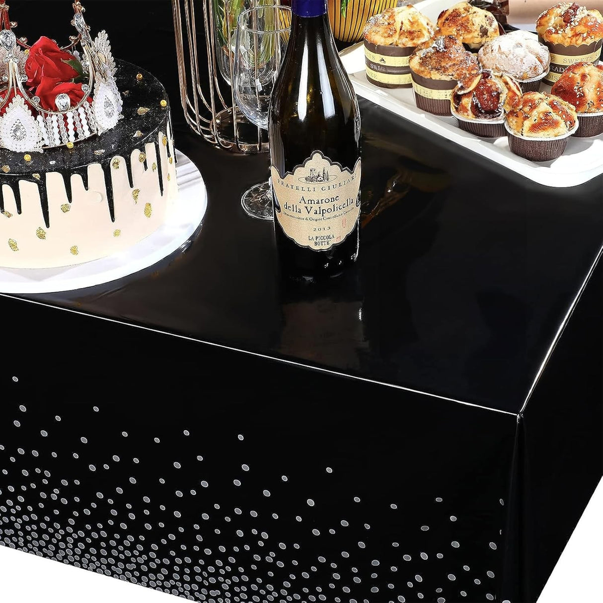 Fata de Masa, Vivimall, din PEVA, Imprimeu Buline Argintii, 137 x 274 cm, Impermeabila, Fara Pete, Curatare Rapida, Negru