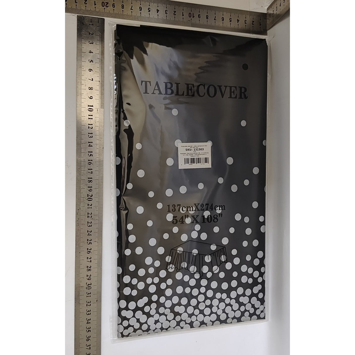 Fata de Masa, Vivimall, din PEVA, Imprimeu Buline Argintii, 137 x 274 cm, Impermeabila, Fara Pete, Curatare Rapida, Negru