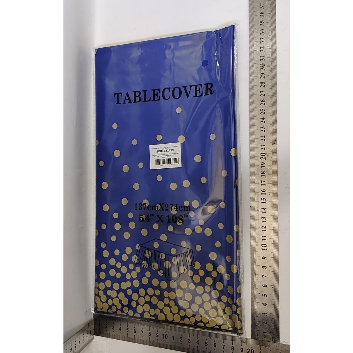 Fata de Masa, Vivimall, din PEVA, Imprimeu Buline Aurii, 137 x 274 cm, Impermeabila, Fara Pete, Curatare Rapida, Albastru Inchis