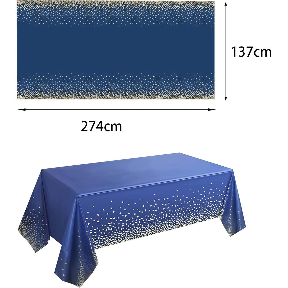 Fata de Masa, Vivimall, din PEVA, Imprimeu Buline Aurii, 137 x 274 cm, Impermeabila, Fara Pete, Curatare Rapida, Albastru Inchis