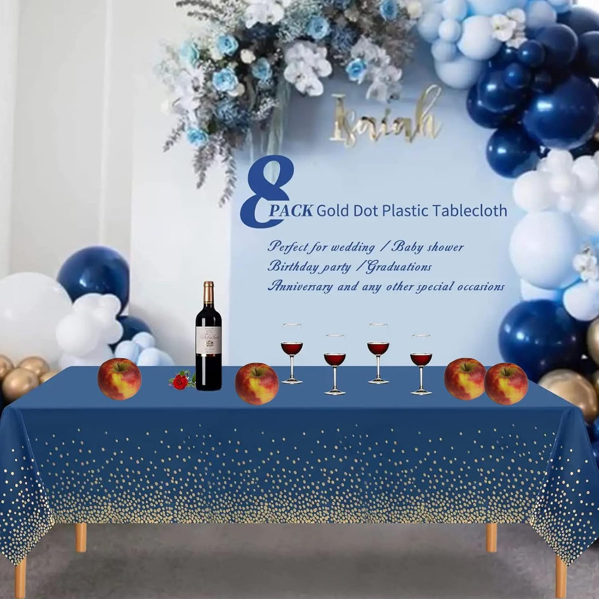 Fata de Masa, Vivimall, din PEVA, Imprimeu Buline Aurii, 137 x 274 cm, Impermeabila, Fara Pete, Curatare Rapida, Albastru Inchis