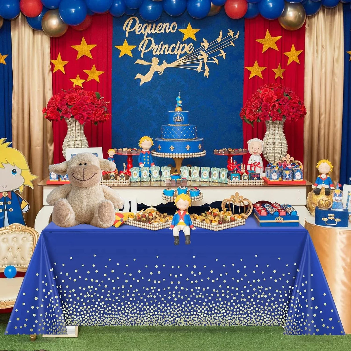 Fata de Masa, Vivimall, din PEVA, Imprimeu Buline Aurii, 137 x 274 cm, Impermeabila, Fara Pete, Curatare Rapida, Albastru Inchis