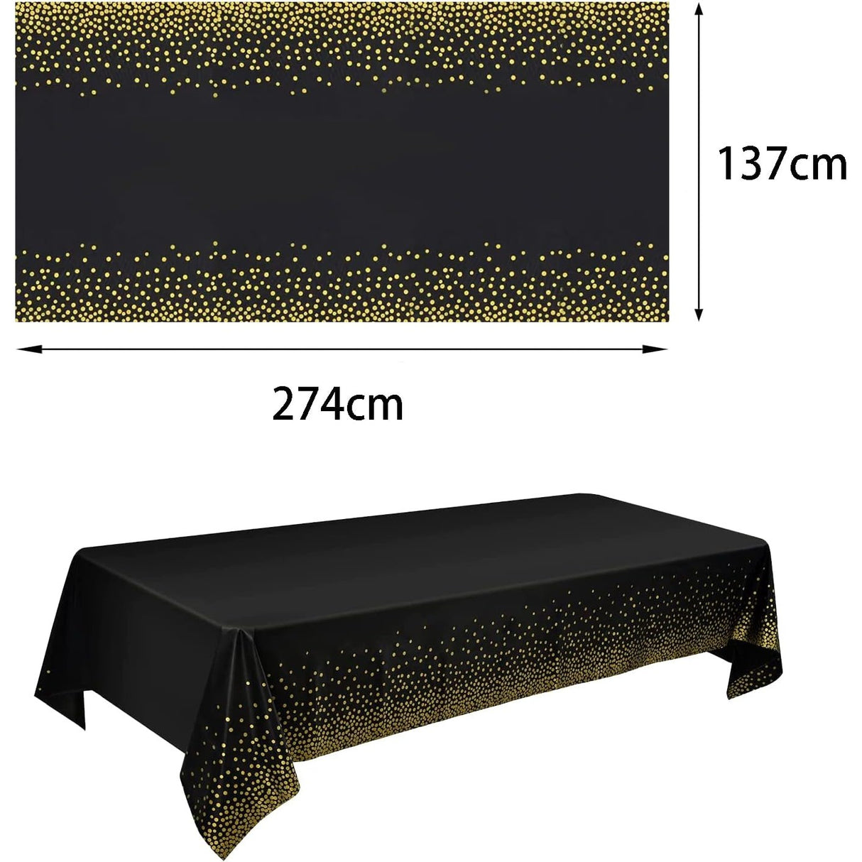 Fata de Masa, Vivimall, din PEVA, Imprimeu Buline Aurii, 137 x 274 cm, Impermeabila, Fara Pete, Curatare Rapida, Negru