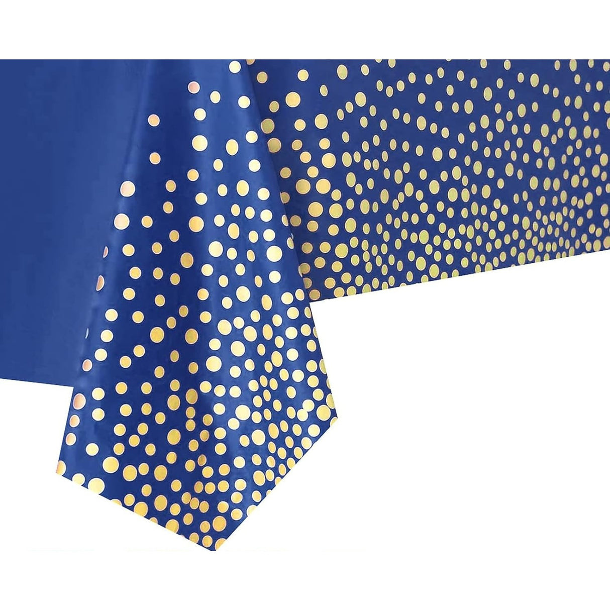 Fata de Masa, Vivimall, din PEVA, Imprimeu Buline Aurii, 137 x 274 cm, Impermeabila, Fara Pete, Curatare Rapida, Albastru Inchis