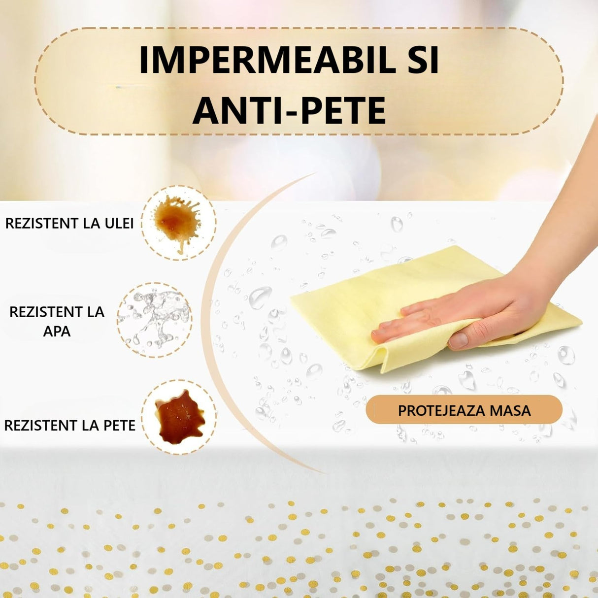 Fata de Masa, Vivimall, din PEVA, Imprimeu Buline Roz, 137 x 274 cm, Impermeabila, Fara Pete, Curatare Rapida, Negru