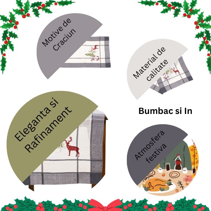 NU ARE - Fata de Masa Flippy, Material In Brodat, cu Motiv mos Craciun si Reni, 85 x 85 cm, Gri