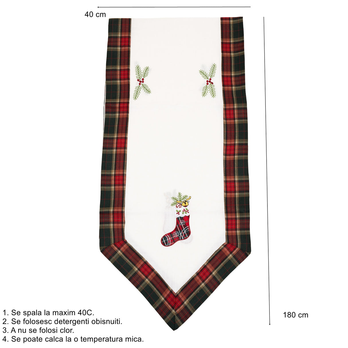 Fata de Masa Flippy, Material In Brodat, cu Motive de Craciun Ghetute, 180 x 40 cm, Alb