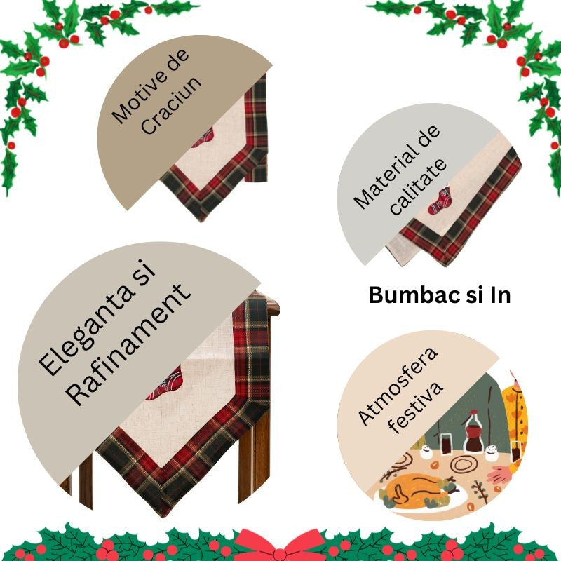 Fata de Masa Flippy, Material In Brodat, cu Motive de Craciun Ghetute, 180 x 40 cm, Crem