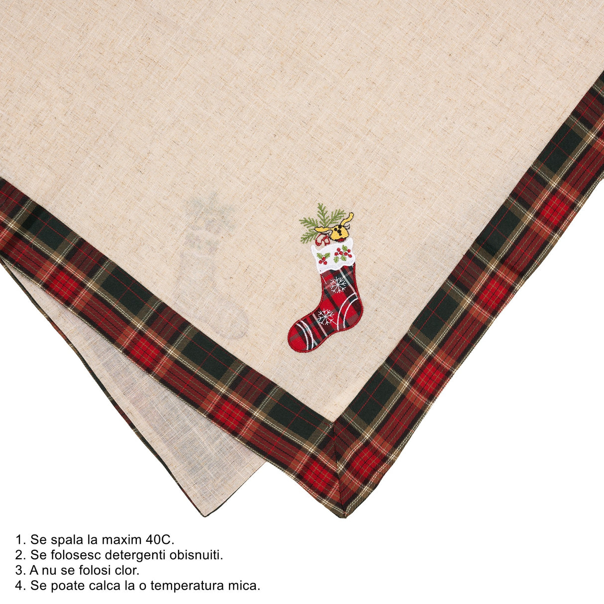 Fata de Masa Flippy, Material In Brodat, cu Motive de Craciun Ghetute, 180 x 40 cm, Crem