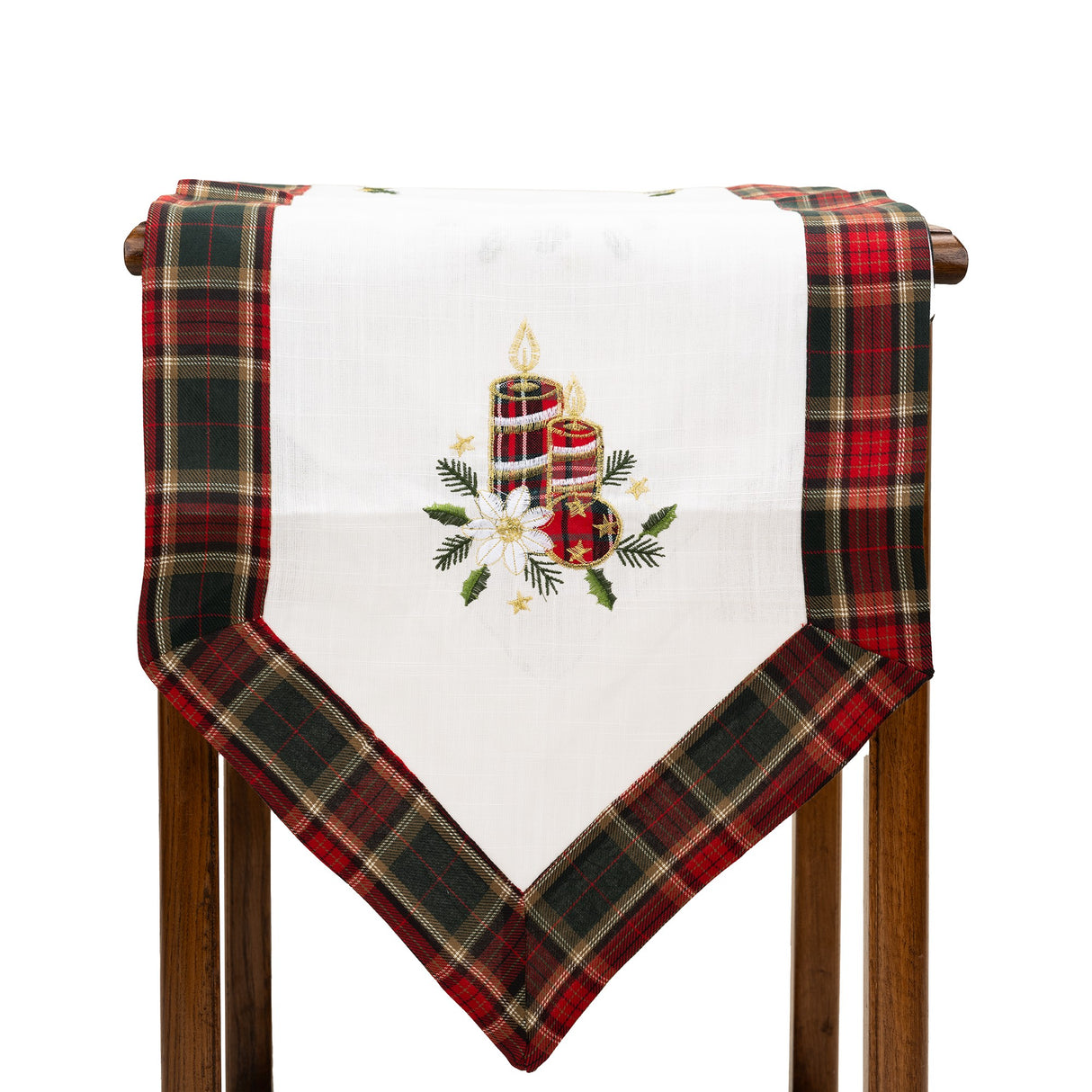 Fata de Masa Flippy, Material In Brodat, cu Motive de Craciun Lumanari, 180 x 40 cm, Alb