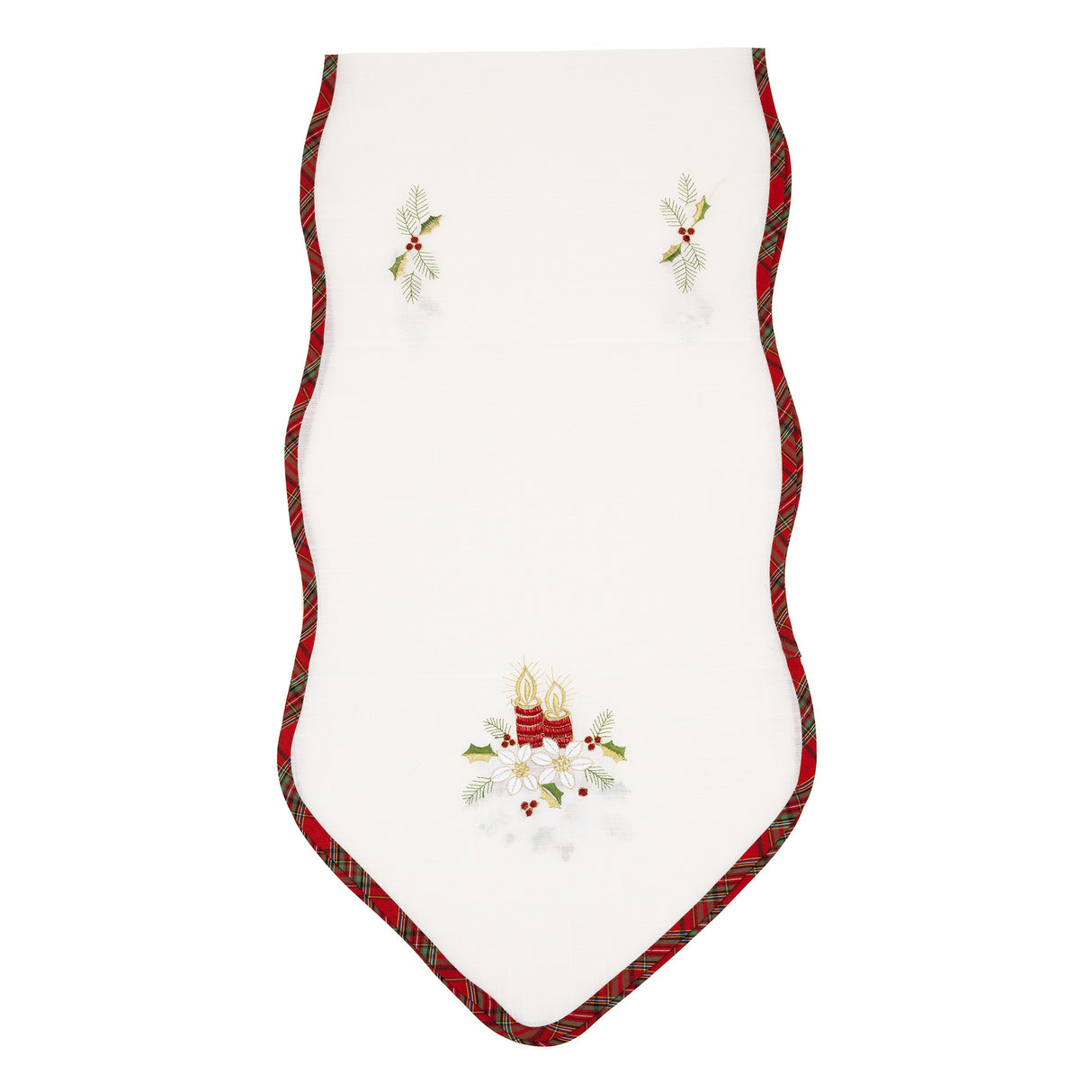 Fata de Masa Flippy, Material In Brodat, cu Motive Florale de Craciun si Lumanari, 180 x 40 cm, Alb