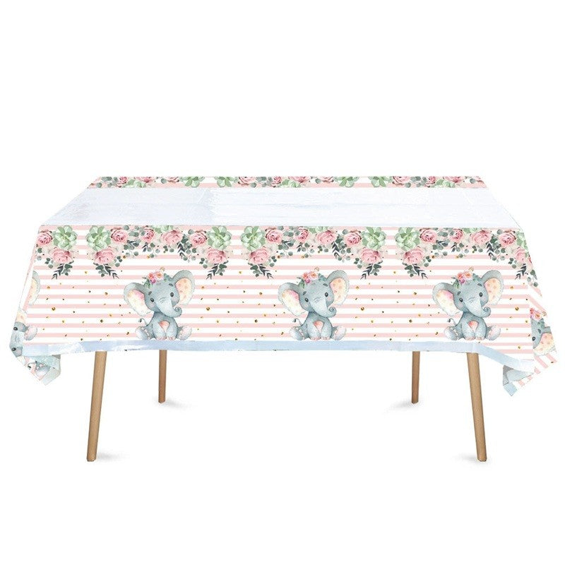 Fata de Masa, Vivimall, din Plastic, Imprimeu Elefanti, 180 x 108 cm, Roz