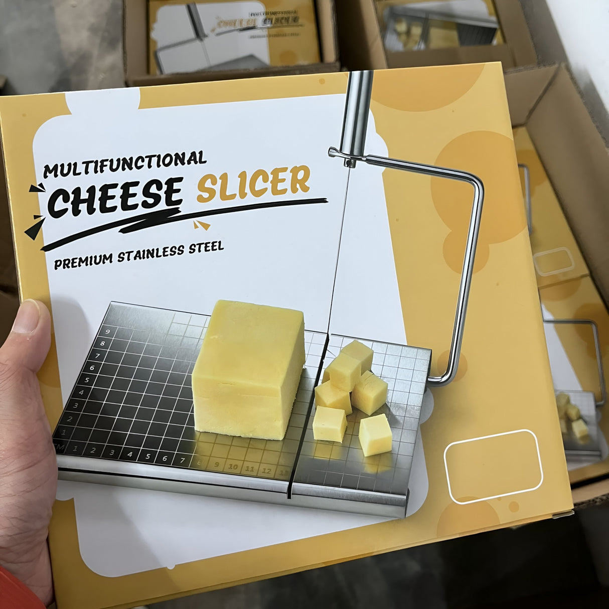 Feliator de Branza, Vivimall, din Otel Inoxidabil, 5 Fire de Rezerva, Maner Ergonomic, Scara de Masurare, 24x21cm, Argintiu - vivimall.ro