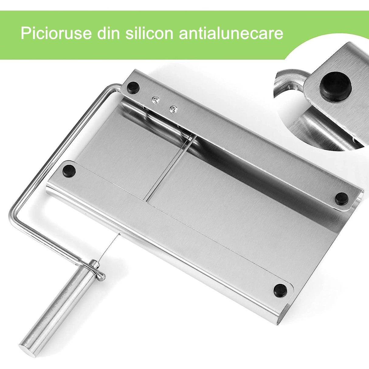 Feliator manual Vivimall, pentru cascaval, salam, prajituri, unt, din otel inoxidabil, usor de curatat si utilizat, 5 lame de schimb incluse, picioare antiderapante, 21 x 12.2 x 2.8 cm, argintiu - vivimall.ro