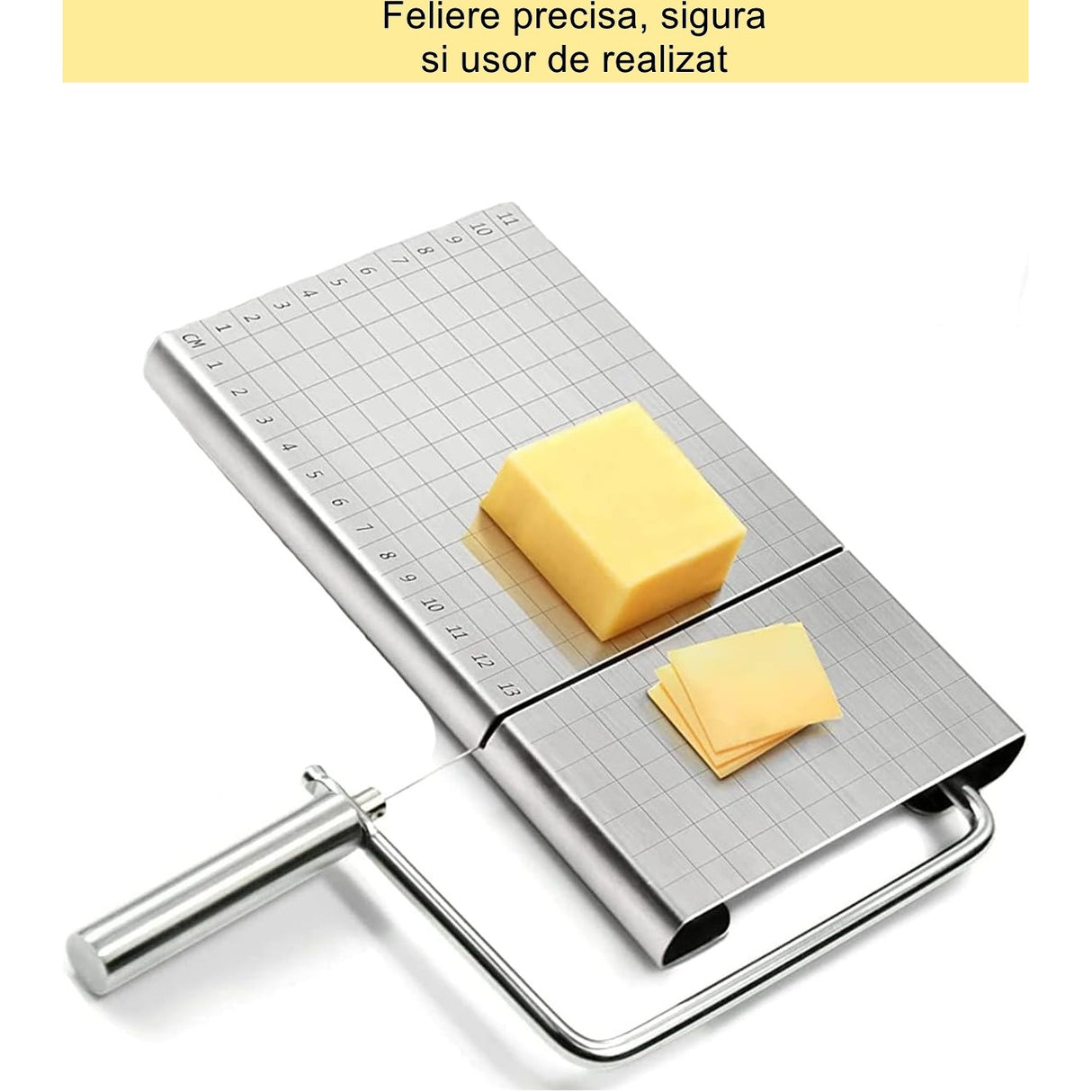 Feliator manual Vivimall, pentru cascaval, salam, prajituri, unt, din otel inoxidabil, usor de curatat si utilizat, 5 lame de schimb incluse, picioare antiderapante, 21 x 12.2 x 2.8 cm, argintiu - vivimall.ro