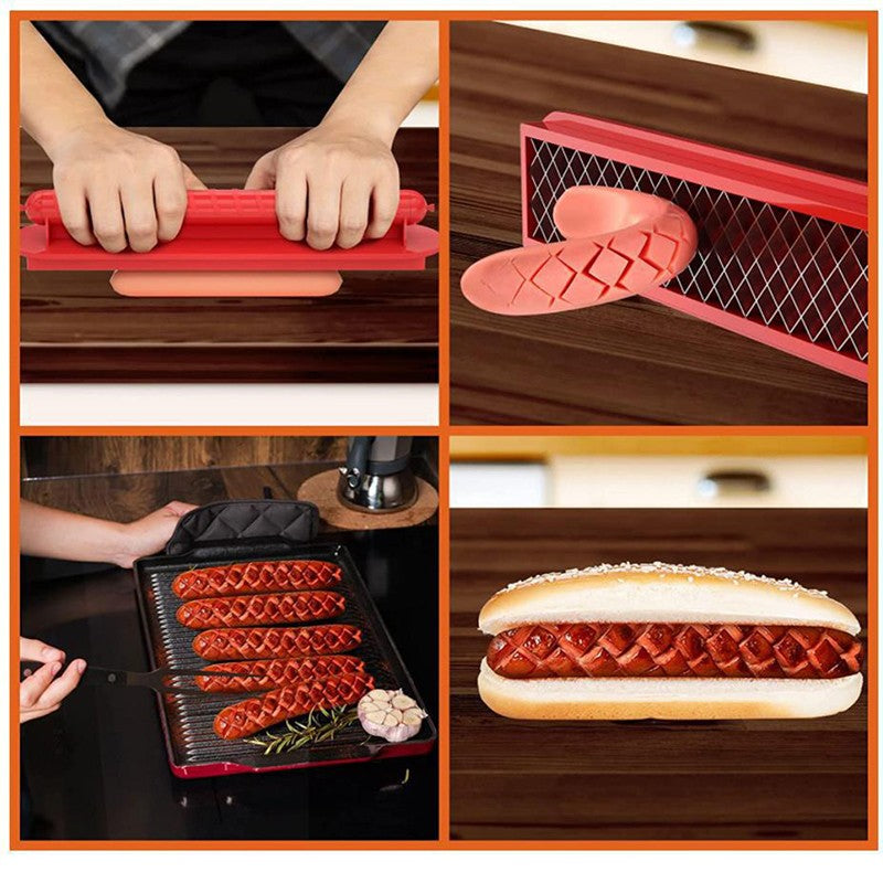Feliator manual pentru hot-dog Vivimall, crestare carnati si hot-dog, manual, potrivit pentru gratar, 29.5 x 6.5 cm, din inox si ABS, rosu - vivimall.ro