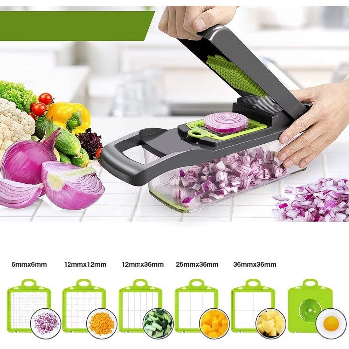 Feliator Multifunctional, Vivimall, Razatoare, 8 in 1, pentru Fructe si Legume, 10 Piese, Lame de Inox, Recipient Stocare, Separator Oua, Protectie Mana, ABS, 32.2x11.3 cm, Verde/Gri - vivimall.ro