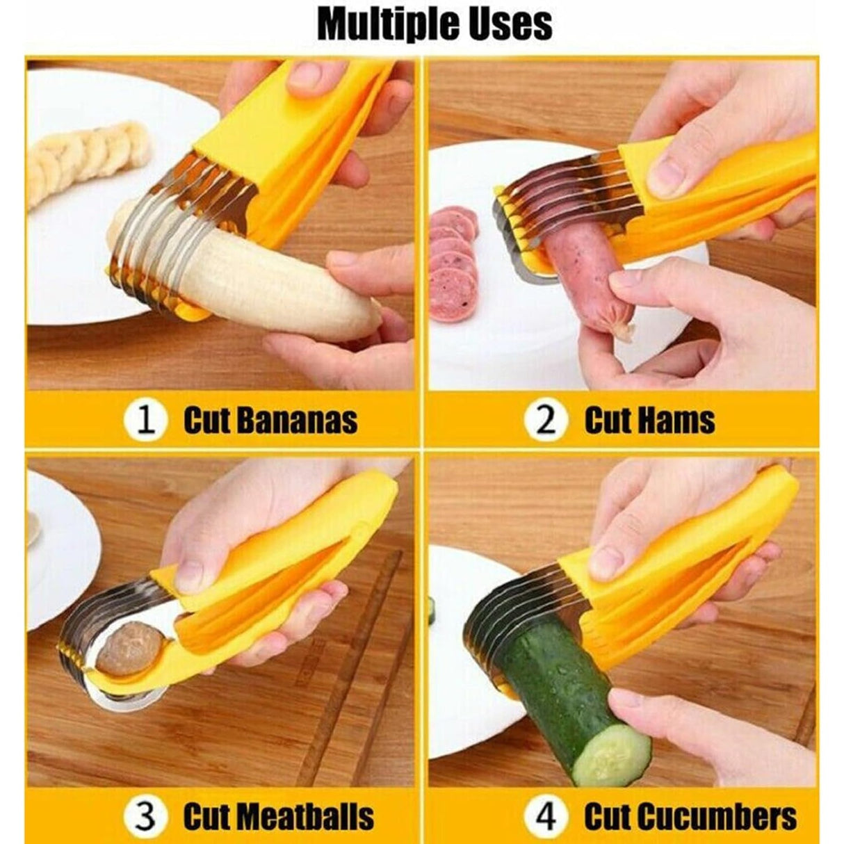 Feliator pentru Alimente, Vivimall, Accesoriu pentru Bucatarie, Cutit pentru Legume si Fructe, Model Banana, Ergonomic, 17.5x5x4 cm, Galben - vivimall.ro