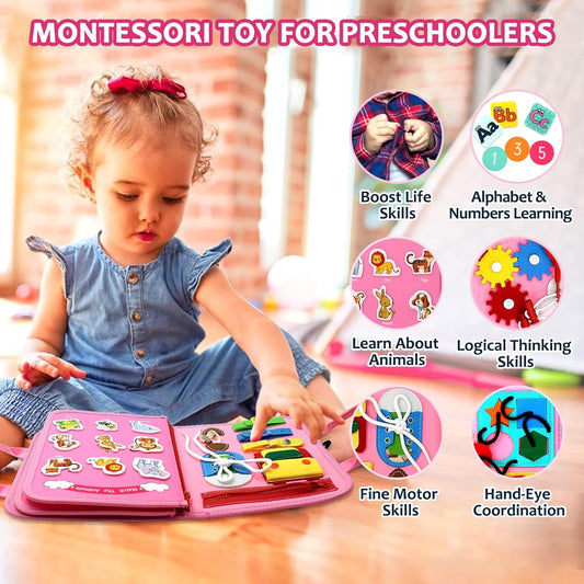 Carte Senzoriala Educativa Montessori 7In1, 26 De Activitati, Dezvoltare Abilitati Motorii, 4 Pagini, Model Dinozauri, 28X22X7 Cm, Roz - vivimall.ro