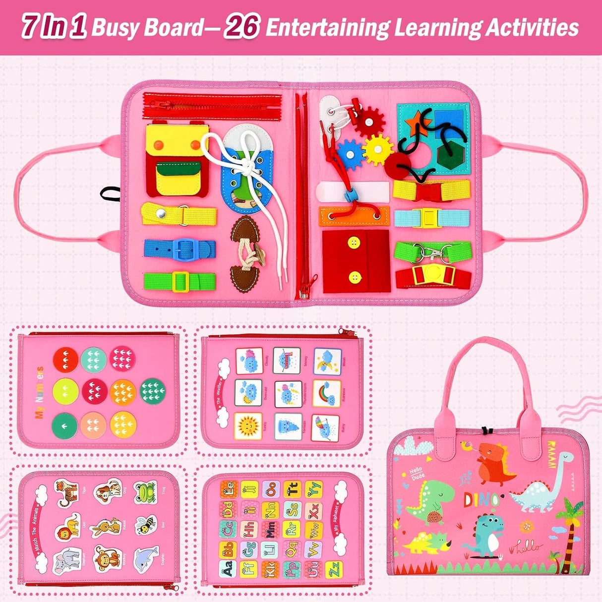 Carte Senzoriala Educativa Montessori 7in1, Flippy, 26 de Activitati, Dezvoltare Abilitati Motorii, 4 Pagini, Model Dinozauri, 28x22x7 cm, Roz