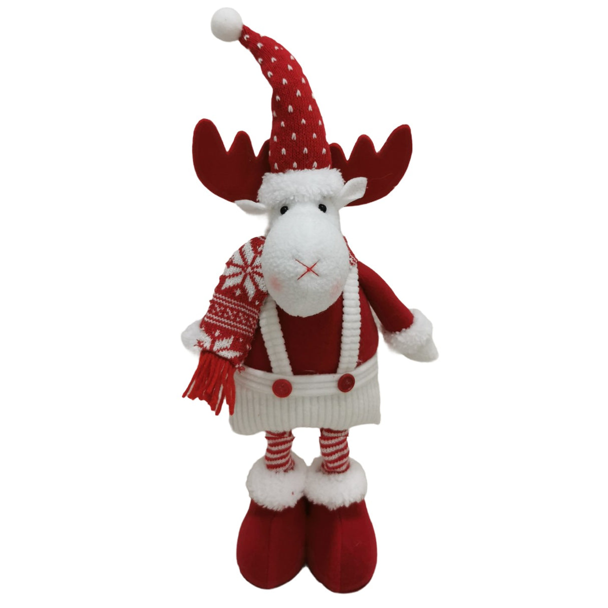 Figurina Decorativa, Pentru Craciun, Flippy, Ren, Picioare Telescopice, Inaltime Reglabila 44-54cm, Caciula cu Inimioare, Alb/Rosu