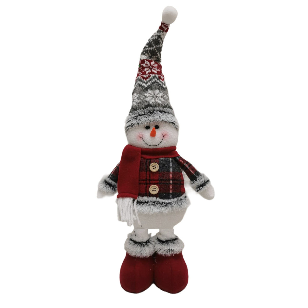 Figurina Decorativa, Pentru Craciun, Flippy, Om de Zapada, Picioare Telescopice, Inaltime Reglabila 44-54cm, Caciula cu Fugi, Rosu/Gri