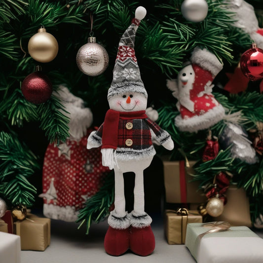 Figurina Decorativa, Pentru Craciun, Om De Zapada, Picioare Telescopice, Inaltime Reglabila 44-54Cm, Caciula Cu Fugi, Rosu/ - vivimall.ro