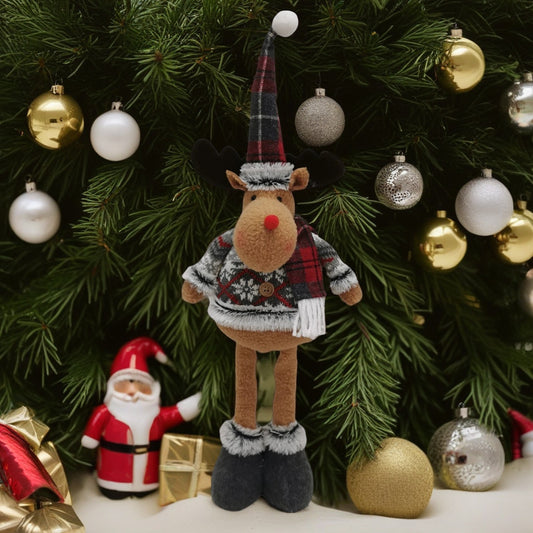 Figurina Decorativa, Pentru Craciun, Ren, Picioare Telescopice, Inaltime Reglabila 44-54Cm, Bluza Cu Fulgi, Rosu/ - vivimall.ro