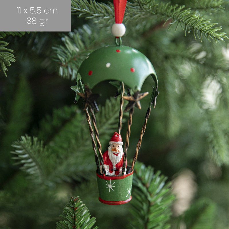 Figurina pentru Brad de Craciun, Flippy, Model Mos Craciun in Balon cu Aer Cald, Ornament pentru Brad, din Metal, 11 x 5.5 x 5.5 cm, Verde - vivimall.ro