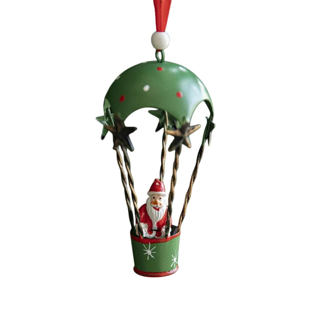 Figurina pentru Brad de Craciun, Flippy, Model Mos Craciun in Balon cu Aer Cald, Ornament pentru Brad, din Metal, 11 x 5.5 x 5.5 cm, Verde - vivimall.ro