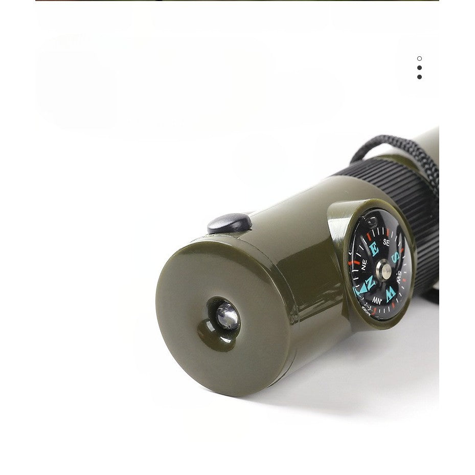 Kit supravieturie Vivimall, Fluier multifunctional 7 in 1, pentru drumetii, hiking, lupa, fluier, termometru, depozitare pastile, busola, din material ABS, cu snur, 9,7 x 2,8 cm, verde - vivimall.ro