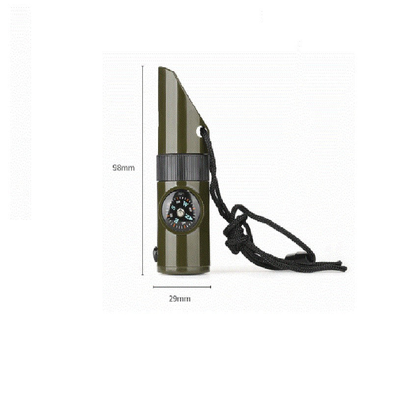 Kit supravieturie Vivimall, Fluier multifunctional 7 in 1, pentru drumetii, hiking, lupa, fluier, termometru, depozitare pastile, busola, din material ABS, cu snur, 9,7 x 2,8 cm, verde - vivimall.ro