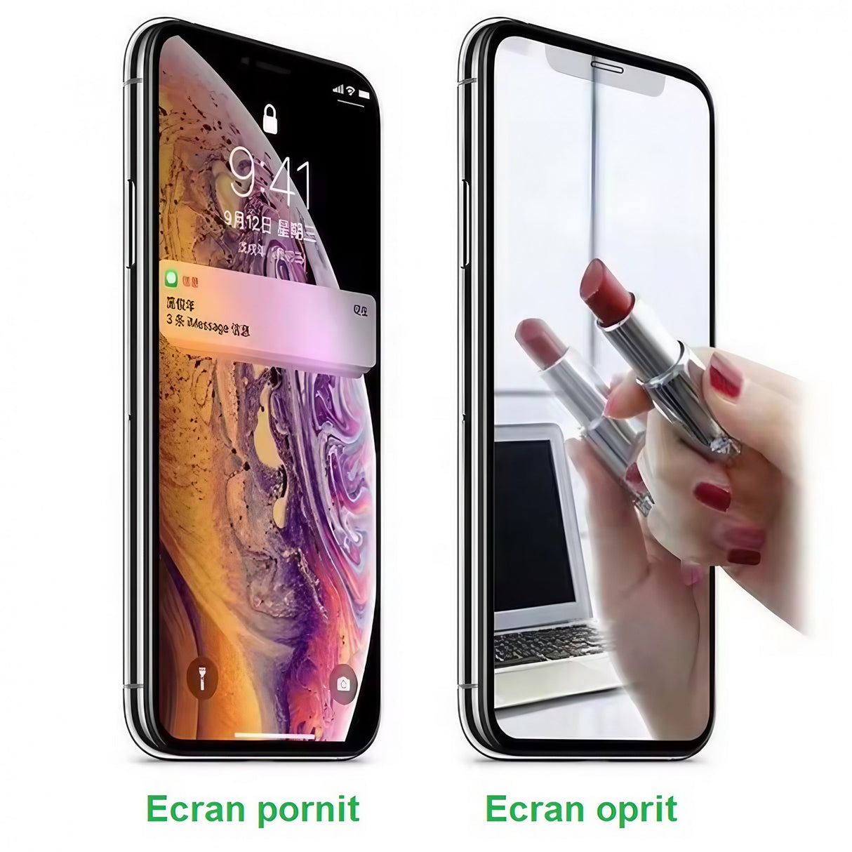 Detaliu suprafață folie Tempered Glass Mirror 8D efect oglindă verde pentru iPhone 15 Plus