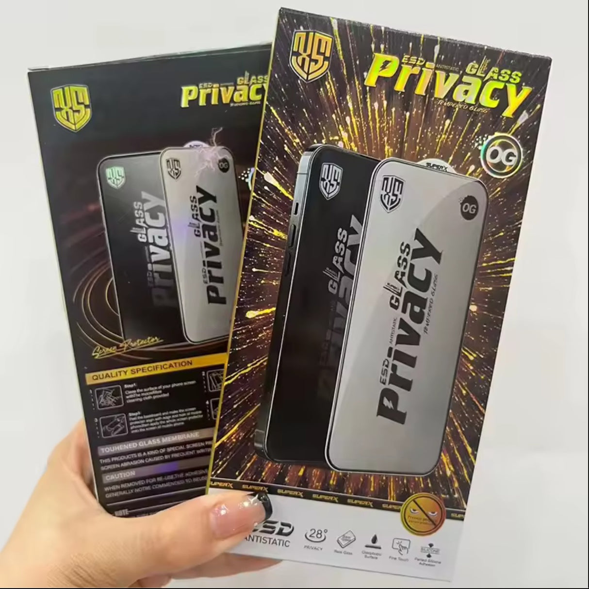 Folie de Protectie pentru Oppo A38, Flippy, Sticla Securizata ESD Antistatica, Super-X Privacy OG, Margini Negre, 0.30 mm, Transparent Inchis - vivimall.ro