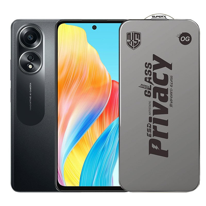 Folie de Protectie pentru Oppo A58, Flippy, Sticla Securizata ESD Antistatica, Super-X Privacy OG, Margini Negre, 0.30 mm, Transparent Inchis - vivimall.ro