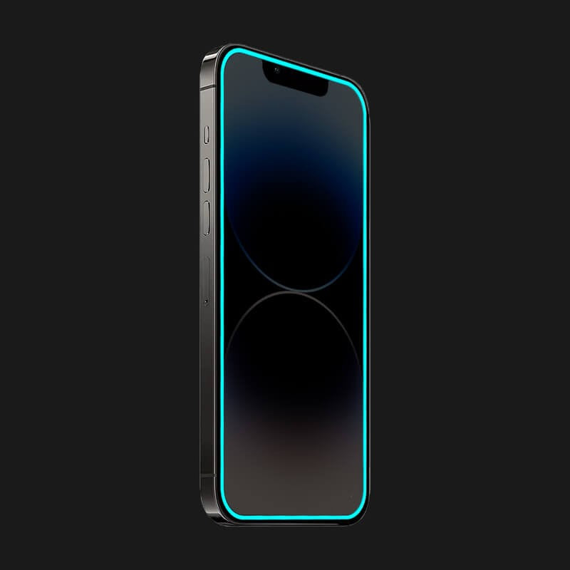 Detaliu margine fosforescentă silicon albastru folie sticlă iPhone 15 Vivimall Luminous
